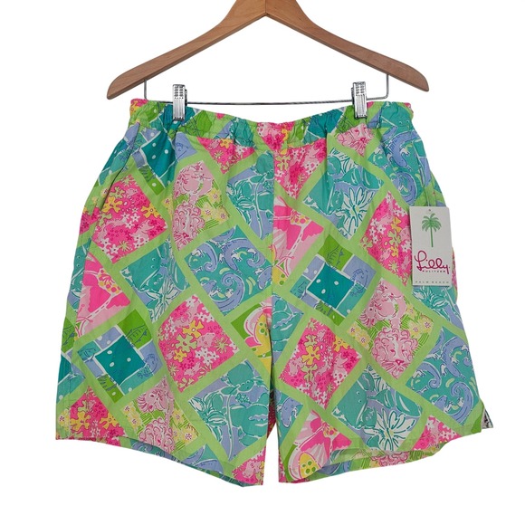 Lilly Pulitzer Y2K Patchwork Swim Trunks L Multi Palm Beach Preppy Deadstock